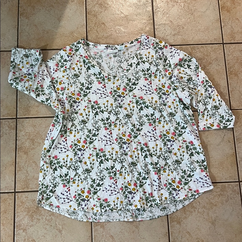 Cynthia Rowley 100% Cotton Floral Print V-Neck 3/4 Sleeve‎ Top White, Sz 3X